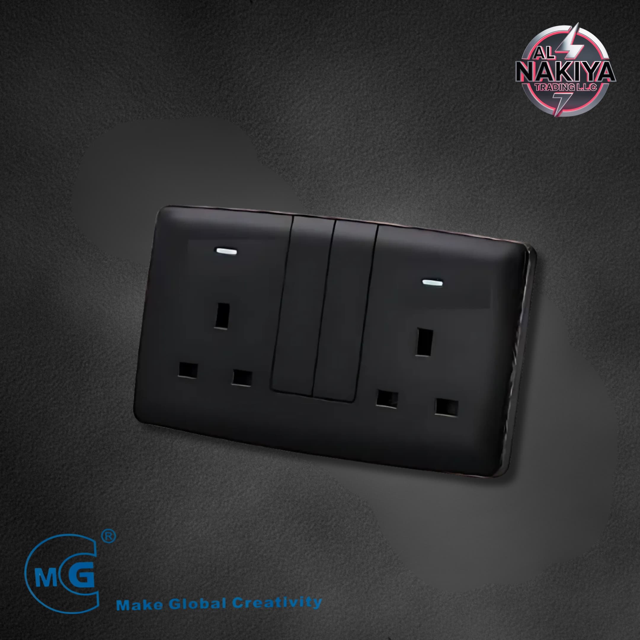 13A SOCKET DOUBLE WITH SWITCH AND NEON (BIG BUTTON) (BLACK +SILVER)